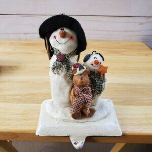 Snowman And Bear Christmas Stocking Holder Figurine With Plaid Scarves Felt Hat